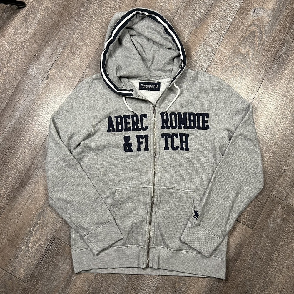 VTG Y2K Abercrombie Fitch Hoodie Mens S gray Faded Distressed Zip Up Spellout